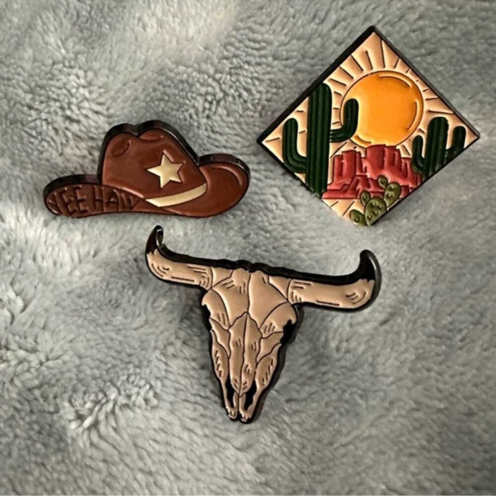 Western Themed Pack Enamel Metal Pin Set Set Of Three Cowboy Hat